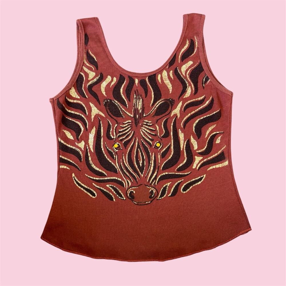 Y2K zebra print tank top with black and beige zebra head graphic